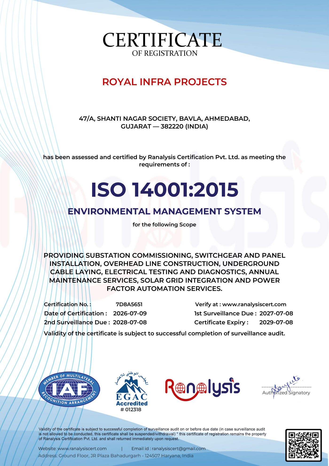 ISO 14001:2015 Environmental Management System certificate issued to Royal Infra Projects