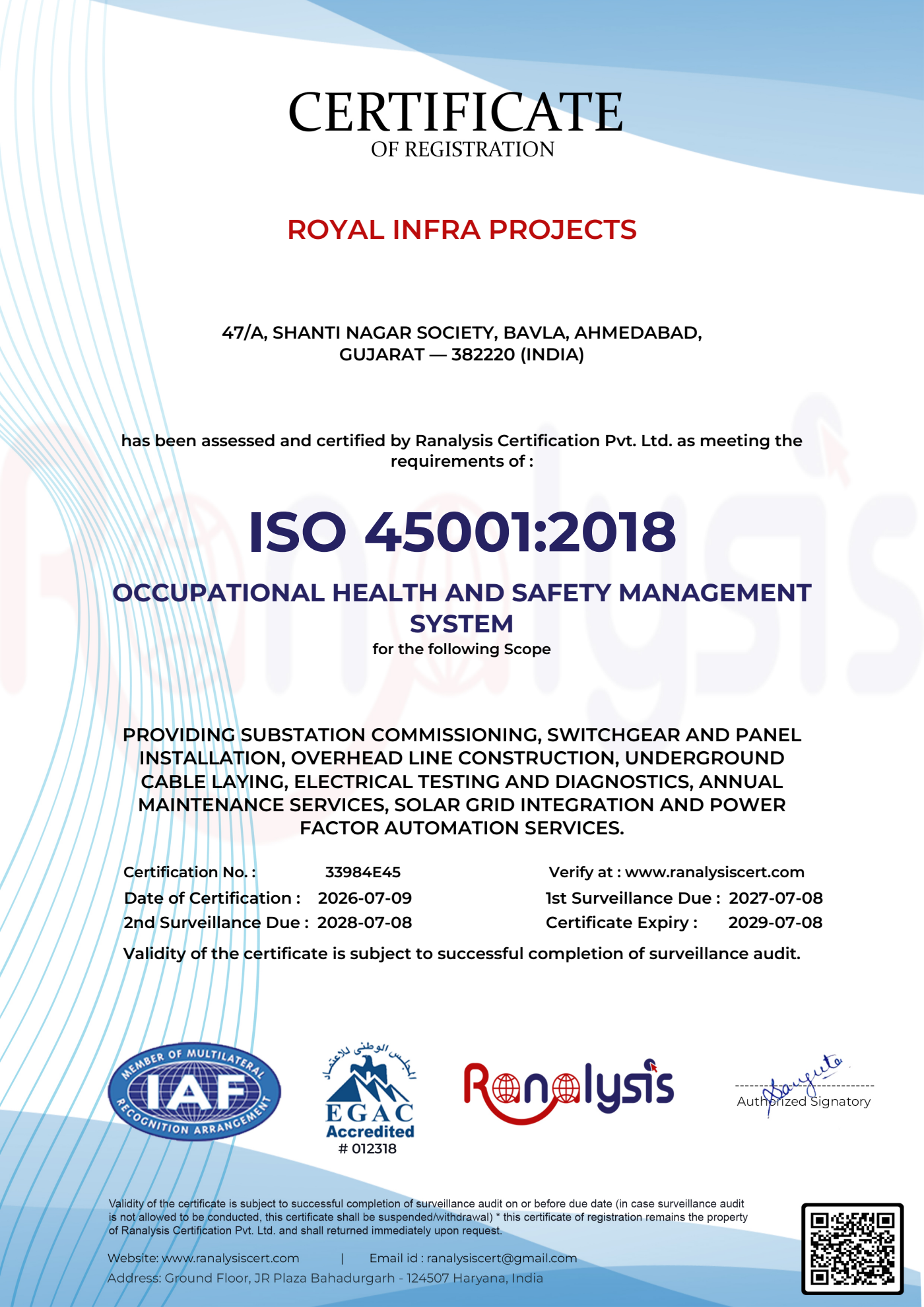 ISO 45001:2018 Occupational Health and Safety Management certificate issued to Royal Infra Projects