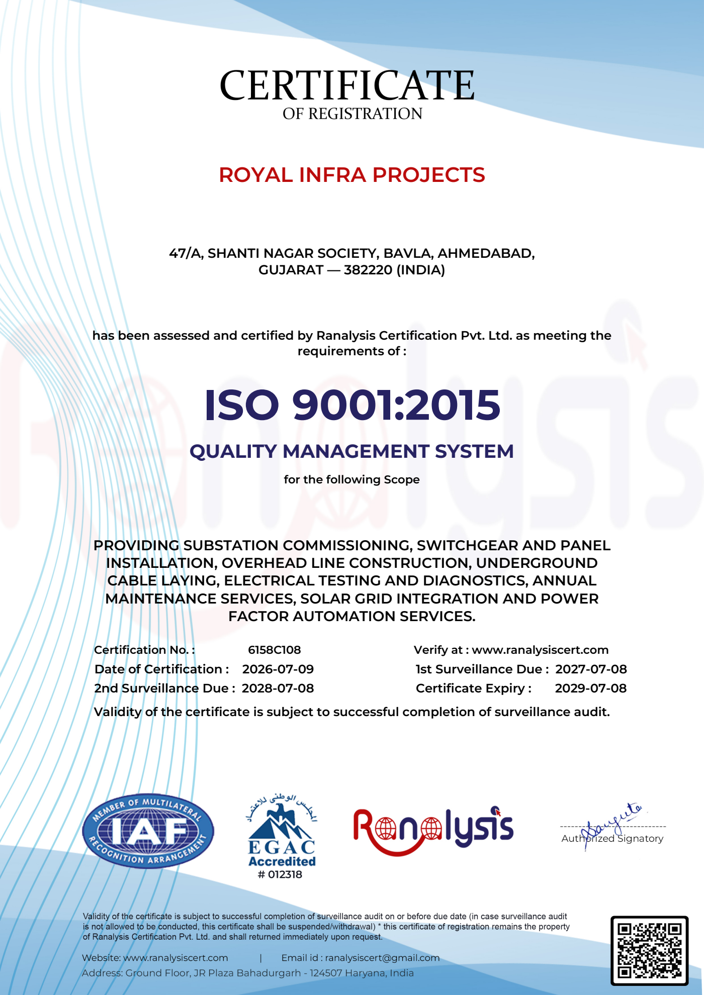 ISO 9001:2015 Quality Management System certificate issued to Royal Infra Projects